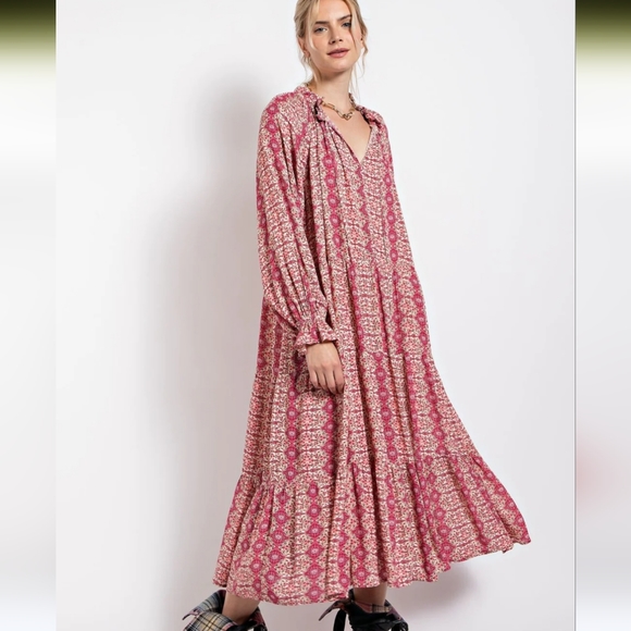 New! Easel Paisley Pink Printed Long Sleeve Gauze Maxi Dress - Picture 4 of 6